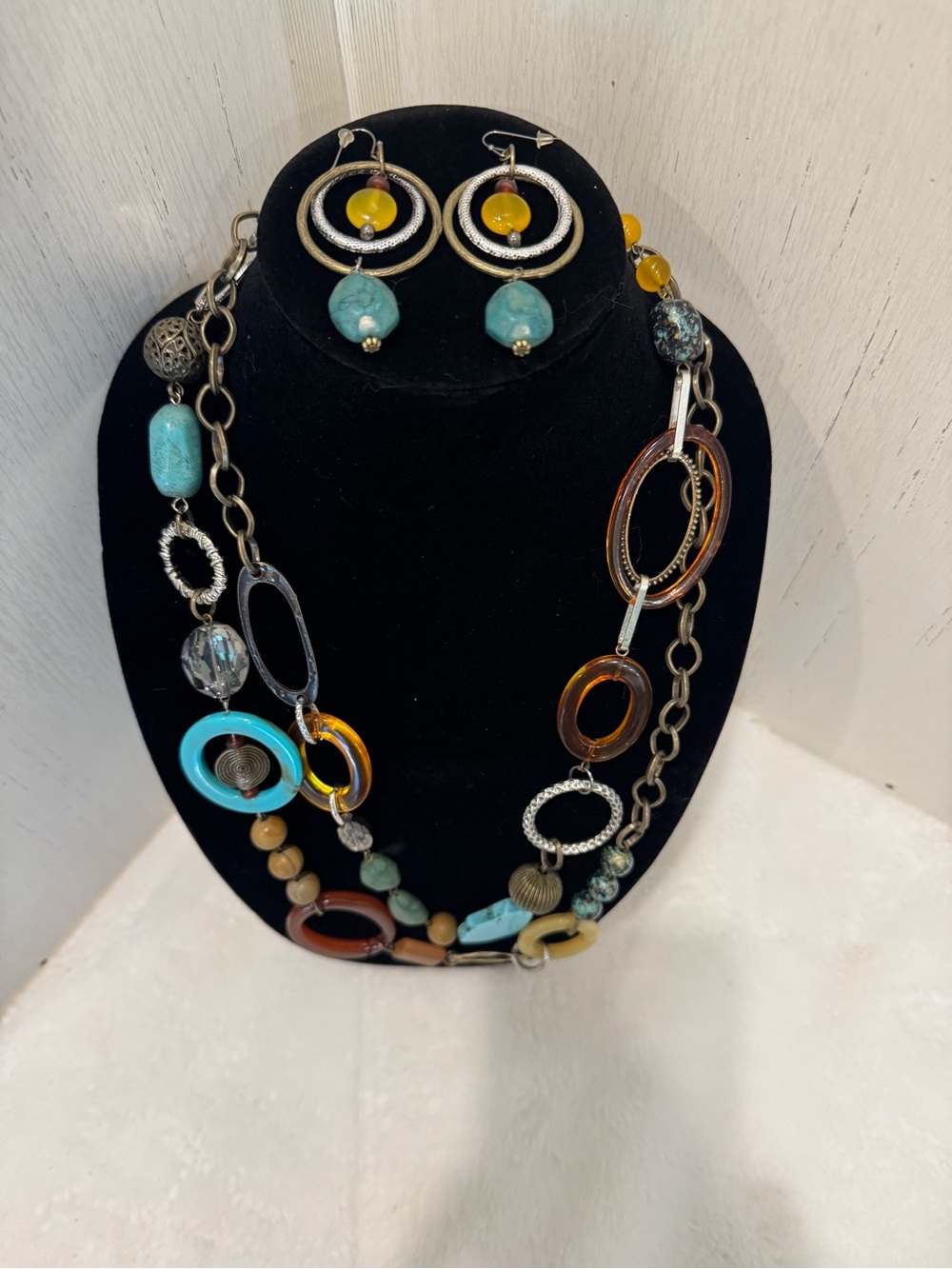 Statement Set Mixed Metal Multi-Color Necklace Earrings Aqua, Brown, Yellow